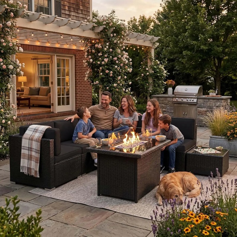 Outdoor Furniture Fire Table - 8피스 파티오 위커 섹셔널 소파 세트(44인치