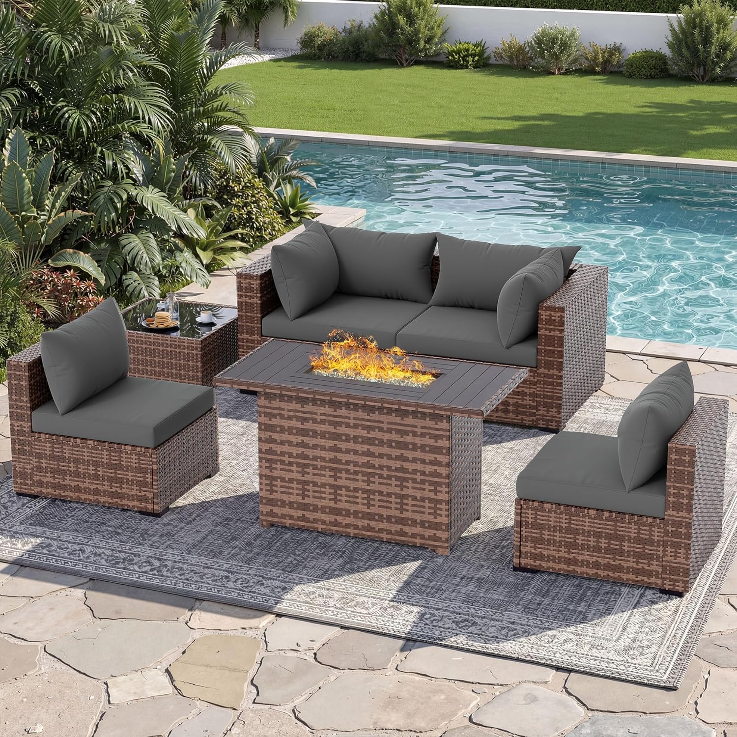 Outdoor Furniture Fire Table - 5피스 야외 섹셔널 소파 세트(화덕 테이블