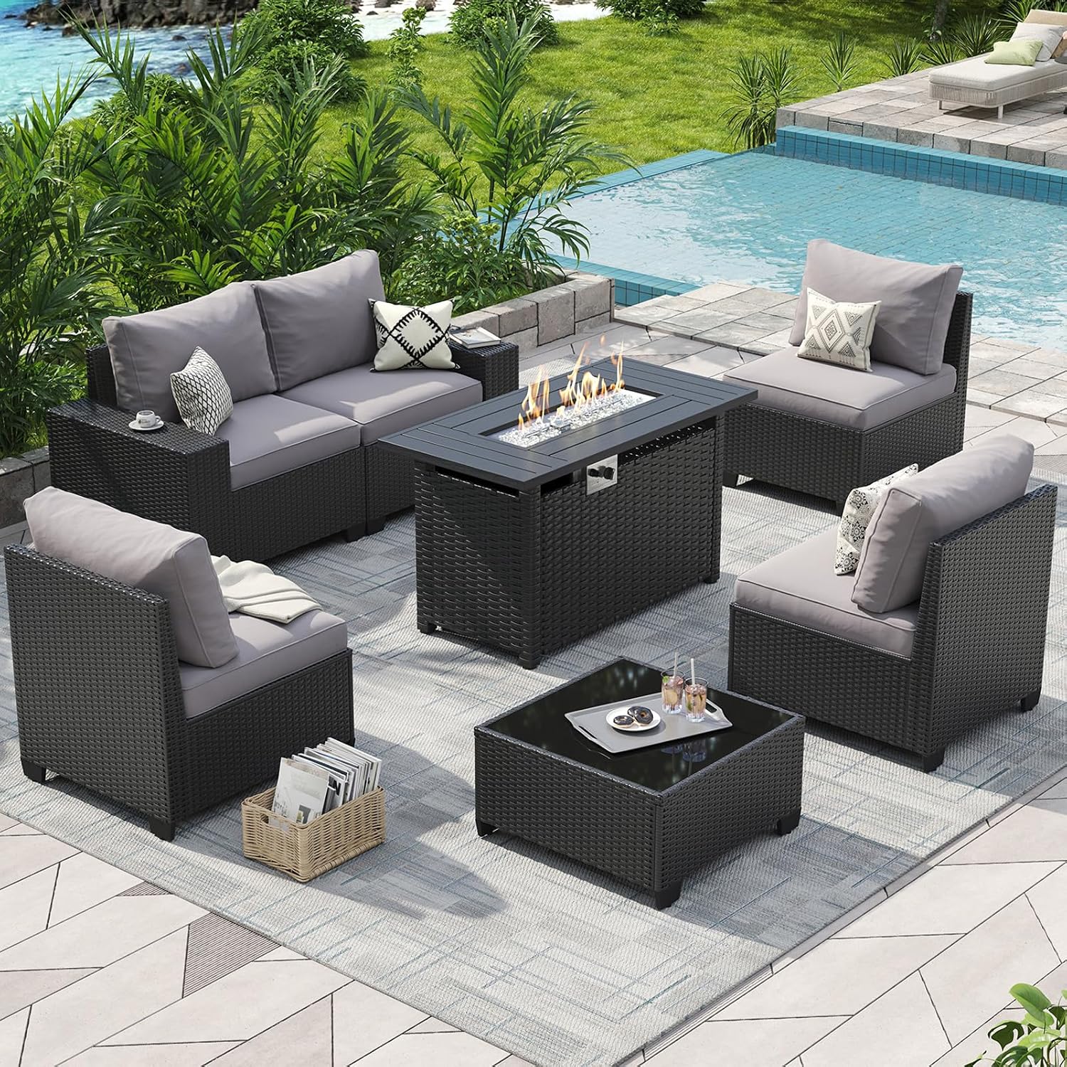 야외 파티오 가구 세트 44인치 화덕 테이블 7피스 섹 - Outdoor Furniture Fire Table 리뷰 및 가격
