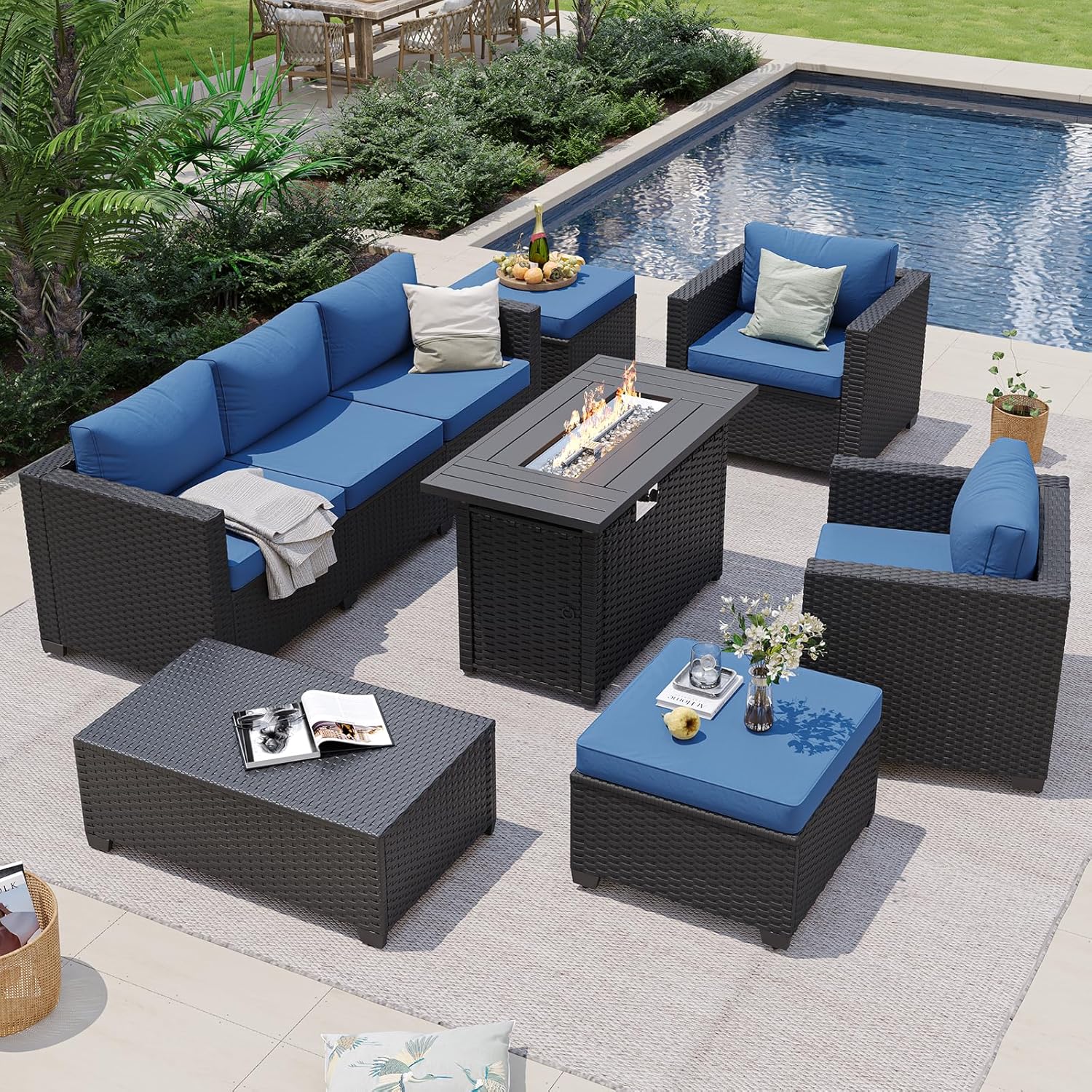 네이비 블루 야외용 섹셔널 소파 (화덕 테이블 및 수납 - Outdoor Furniture Fire Table 리뷰 및 가격