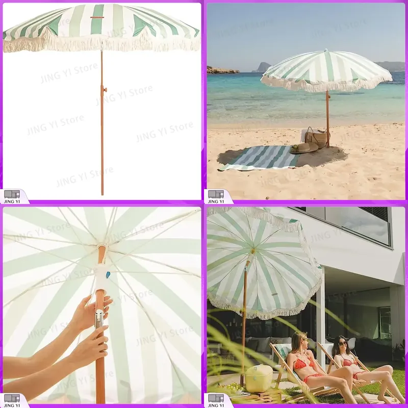 휴대용 녹색과 흰색 줄무늬 프린지 비치 우산 (야외 자 - Outdoor Furniture Green 리뷰 및 가격